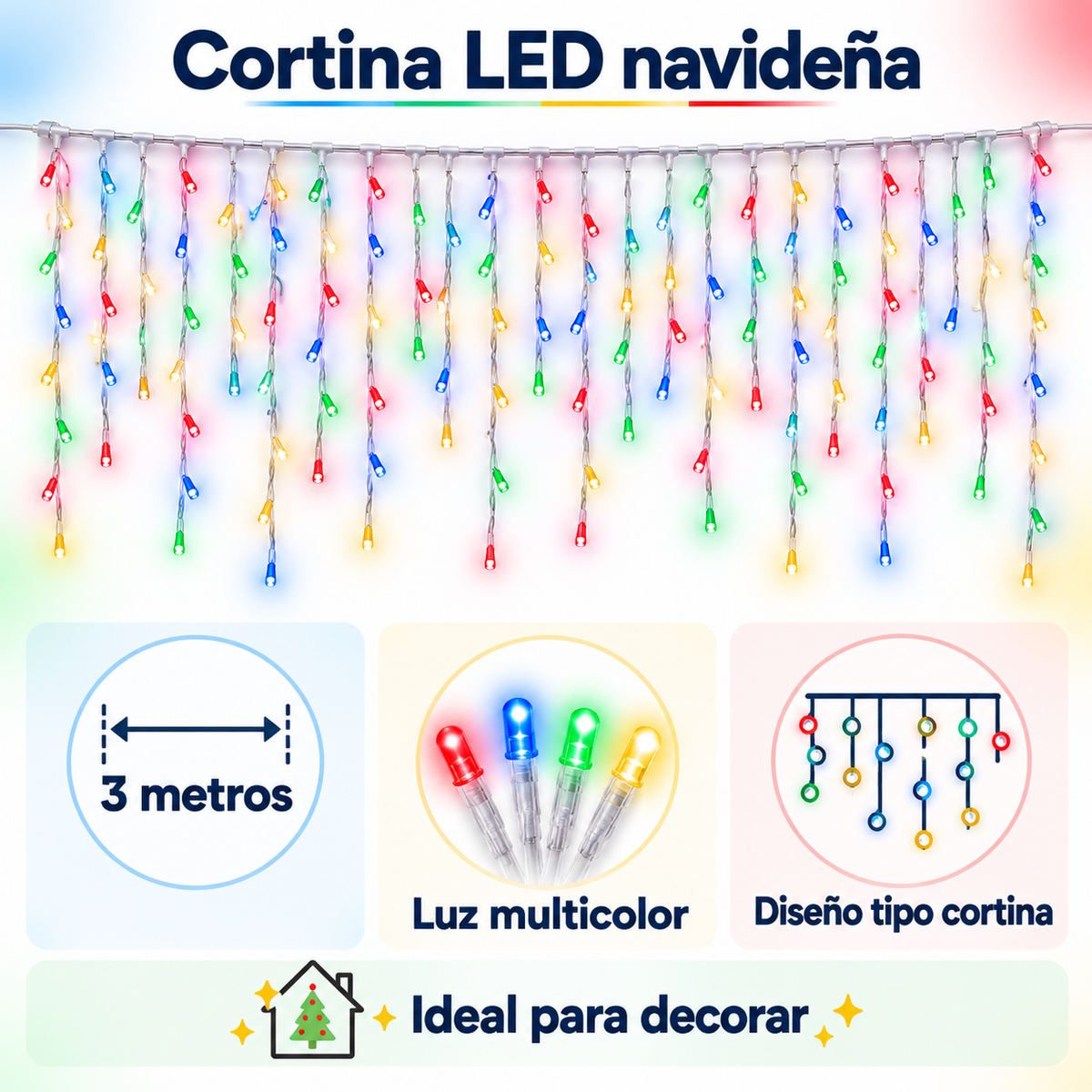 Instalación Luces Led Navidad Cortina 3m Multicolor