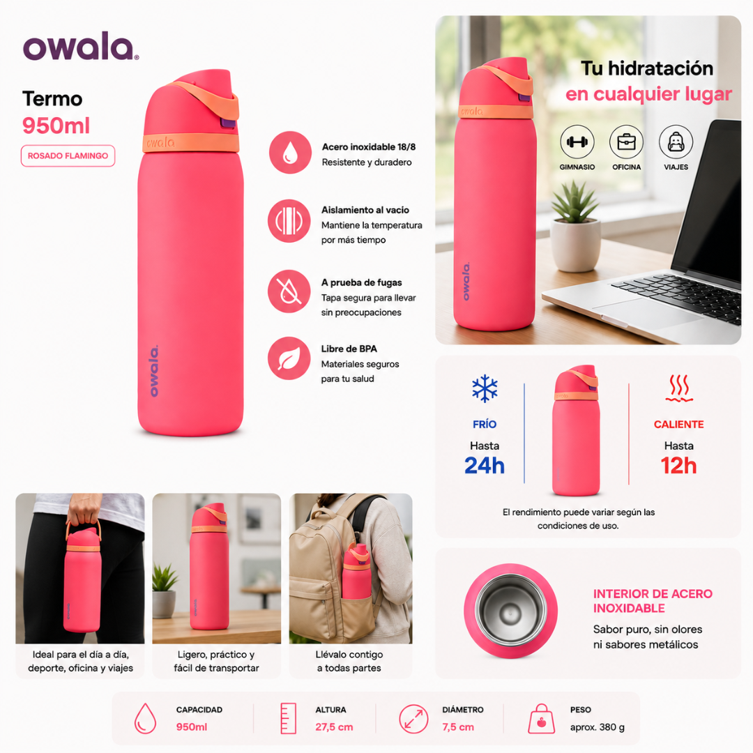 Termo Owala 950ml Rosado Flamingo Genérico