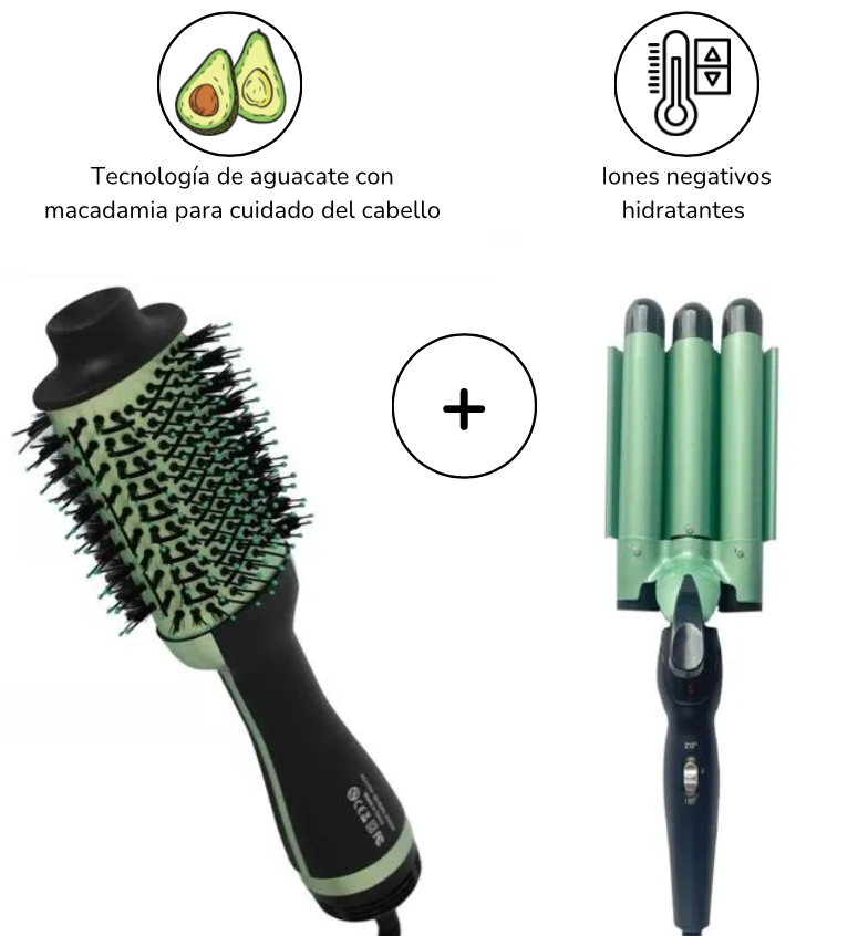 Combo Cepillo Secador y Rizador Ondas De Sirena Aguacate