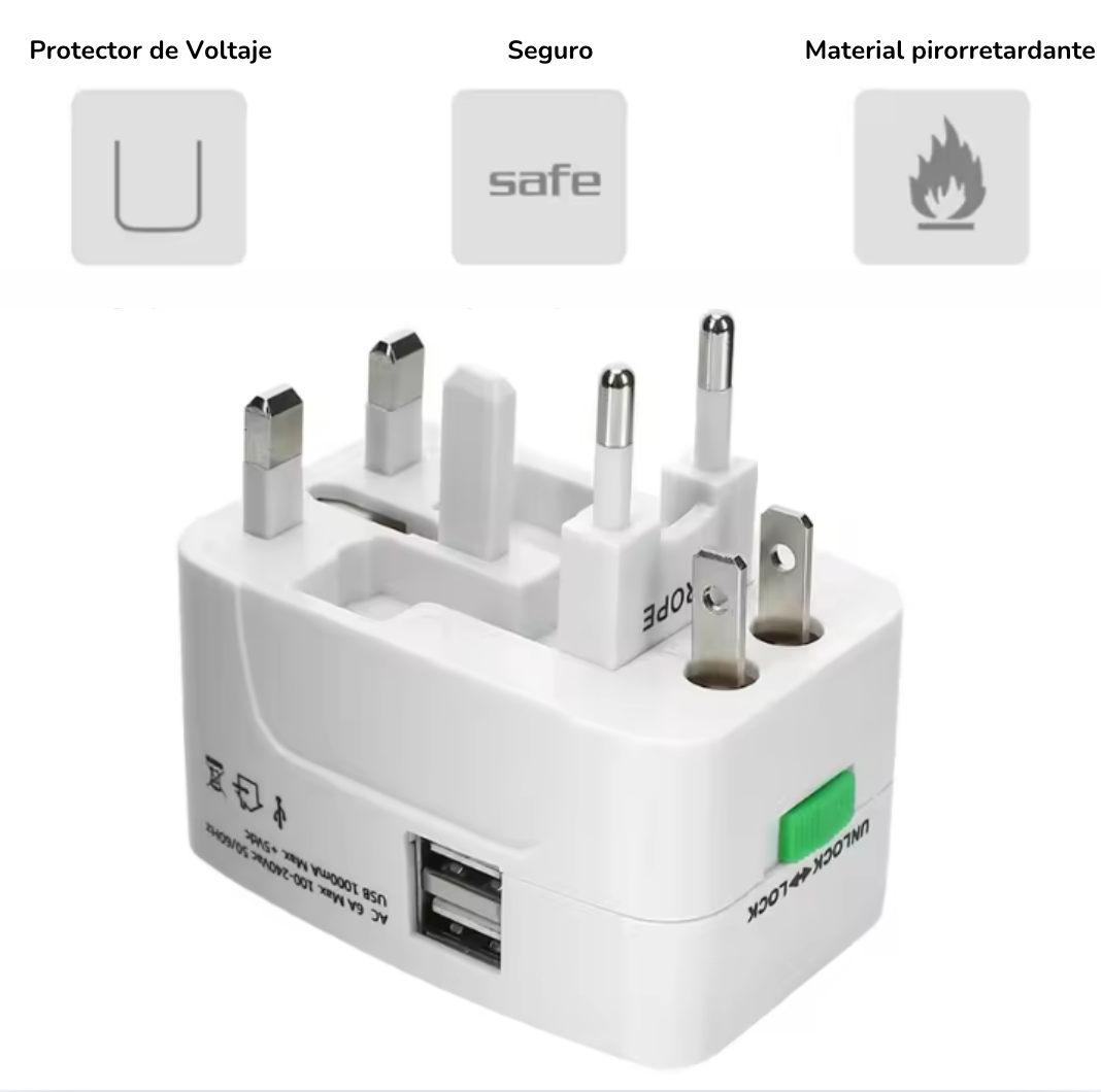 Adaptador Viajero Convertidor Universal Europeo Con 2 Puertos Usb
