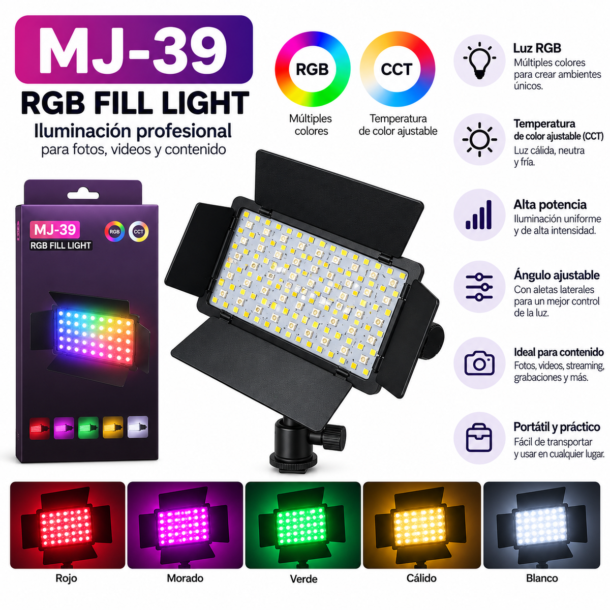 Panel Clip Celular Y Computador Multicolor Blanco, Cálido Y Rgb Mj-39