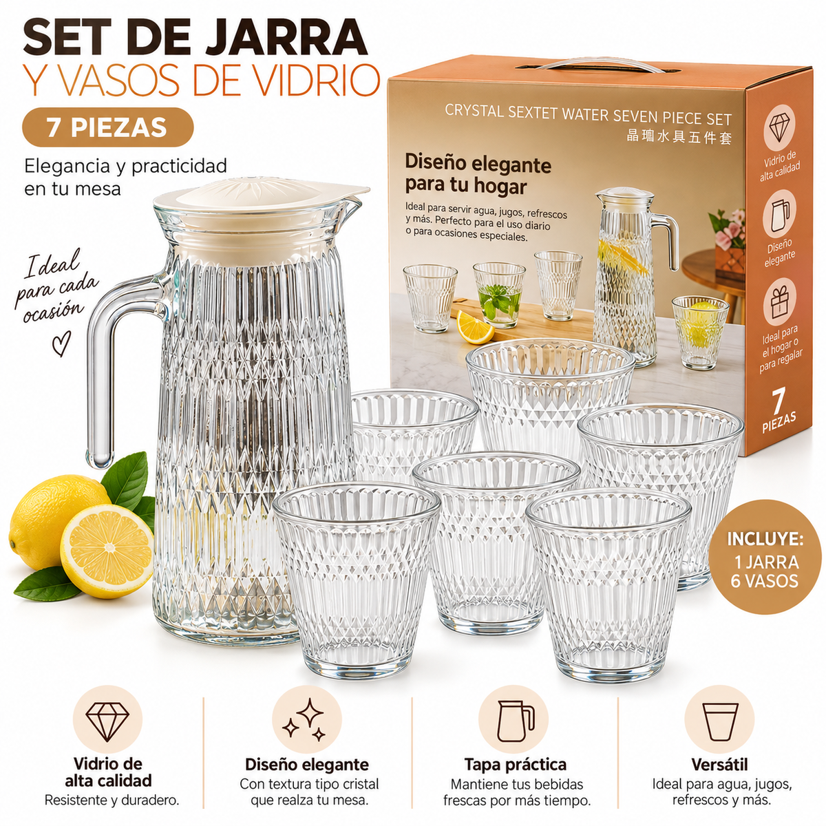 Set Jarra Y Vasos De Vidrio