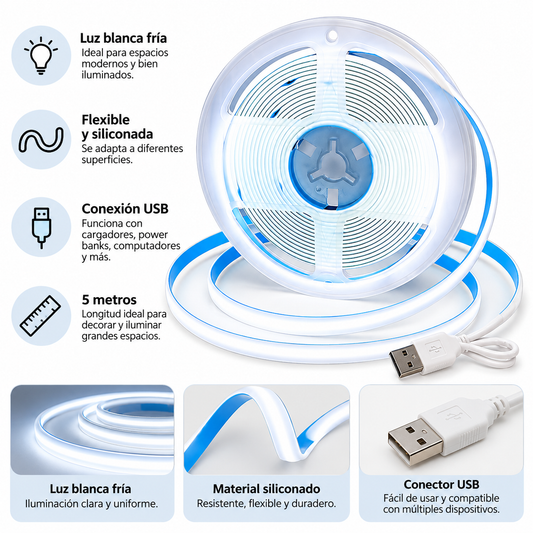 Cinta Luz Led Blanca Fría Siliconada Flexible Con Usb 5 Metros