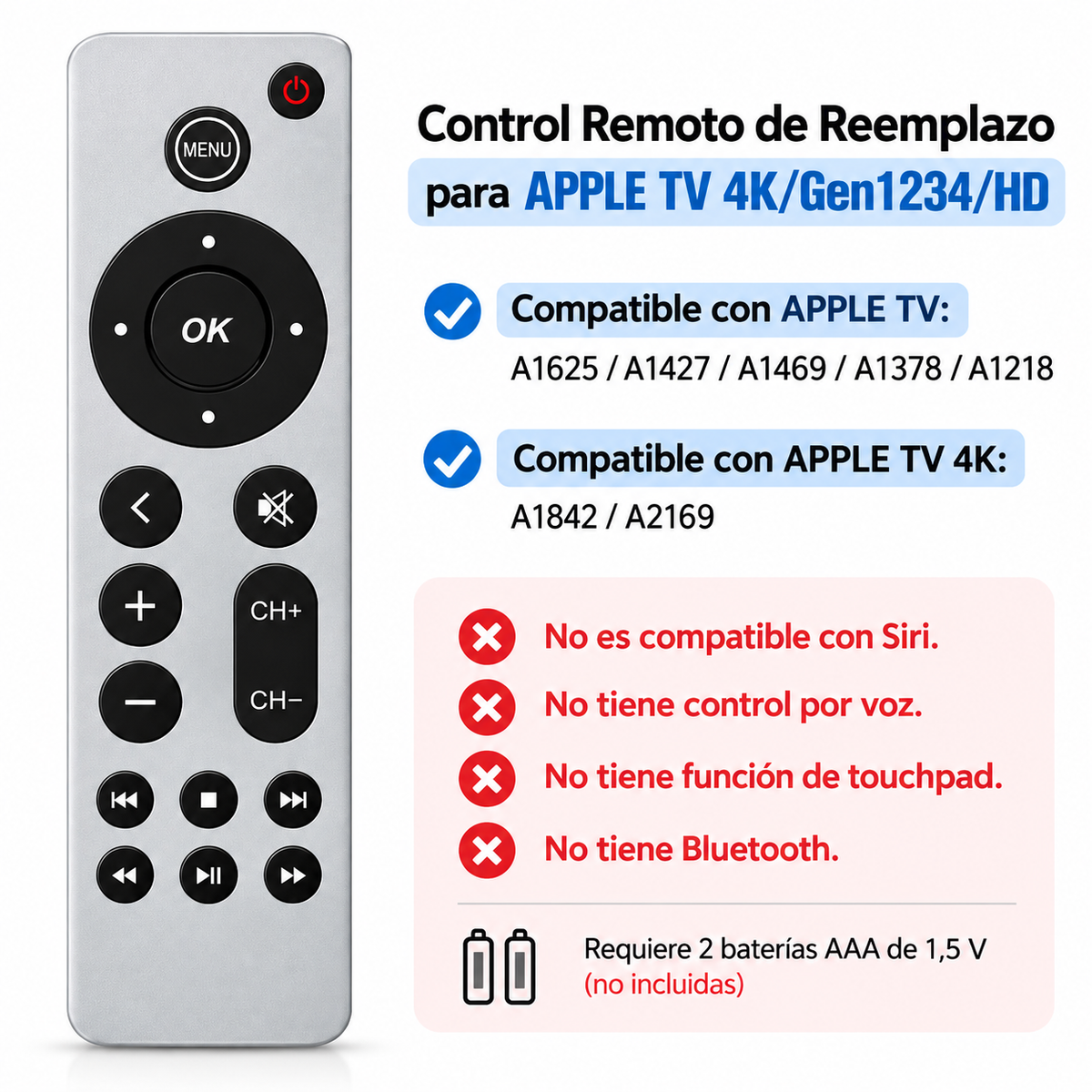 Control Remoto Para Apple Tv Generación 1/2/3/4/5 Sin Comando De Voz
