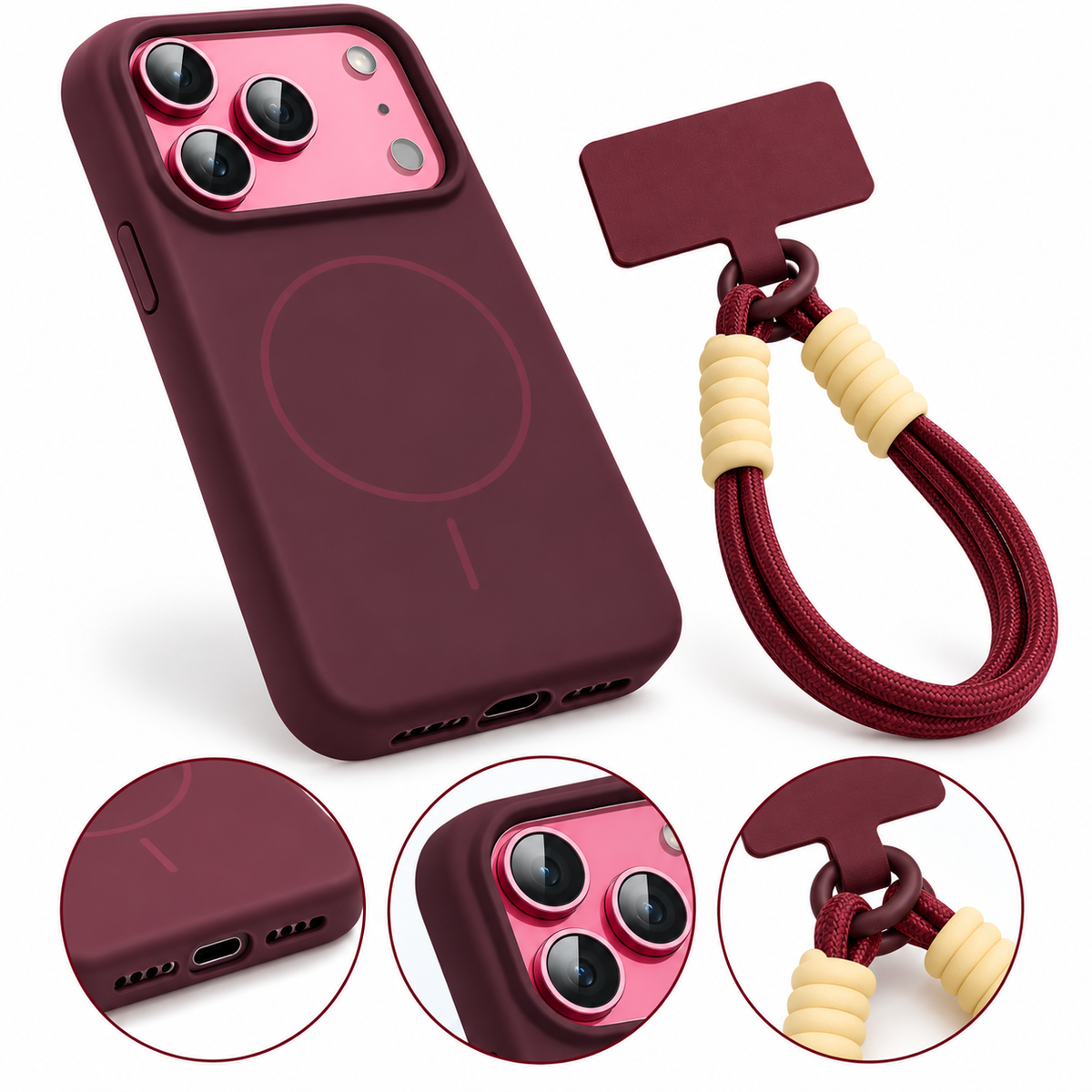 Estuche Iphone 18 Pro Max Borgoña Magsafe Silicona Con Strap