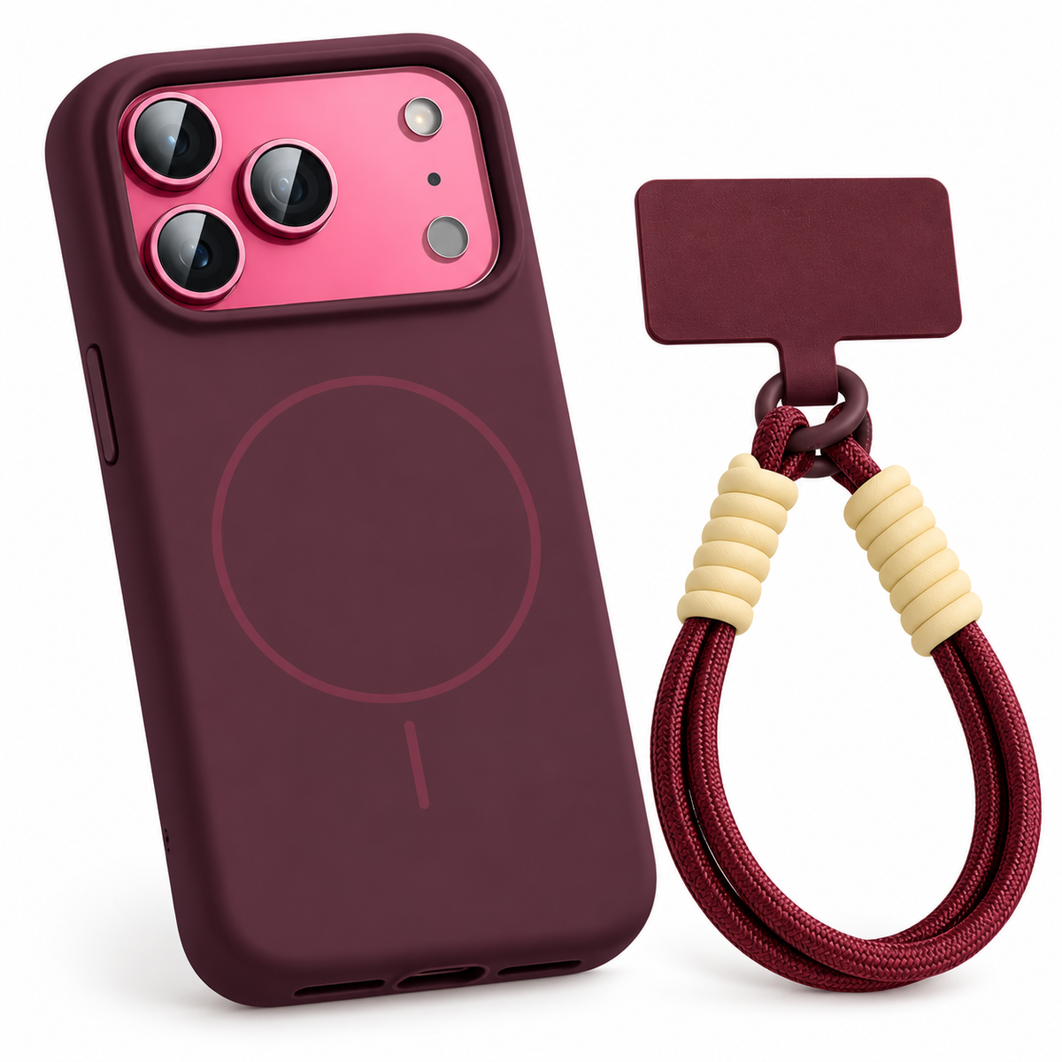 Estuche Iphone 18 Pro Max Borgoña Magsafe Silicona Con Strap
