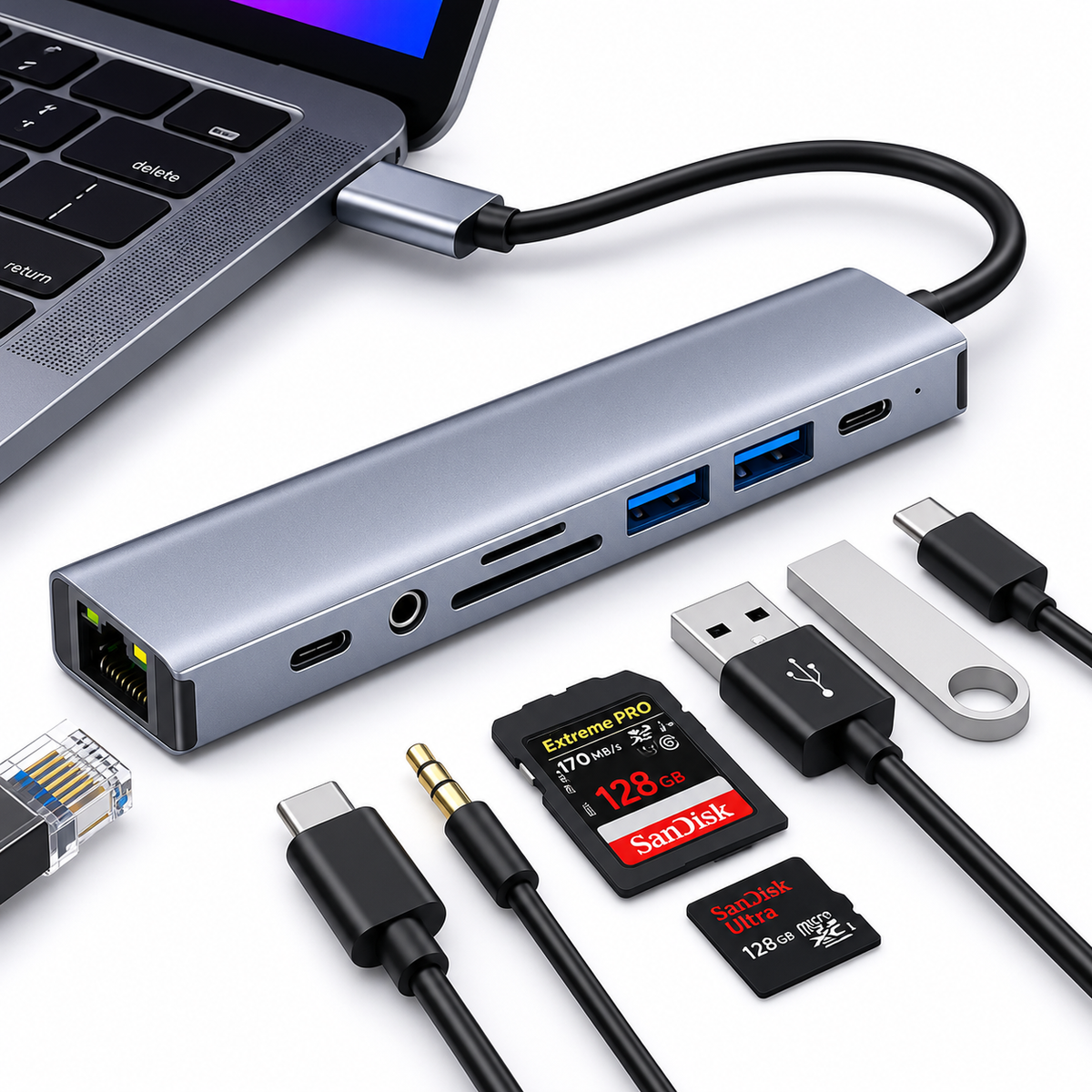 Adaptador Multipuerto 9 En 1 Usb Y Tipo C Con Ethernet Rj45, Sd/tf, Jack