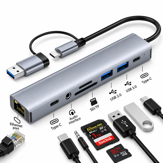 Adaptador Multipuerto 9 En 1 Usb Y Tipo C Con Ethernet Rj45, Sd/tf, Jack
