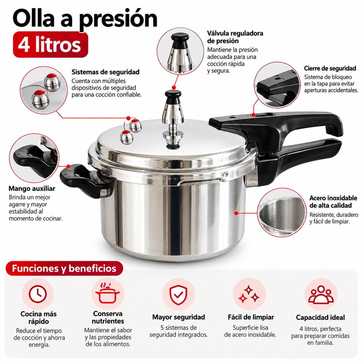 Olla A Presión Casollini 4l 5 Sistemas De Seguridad