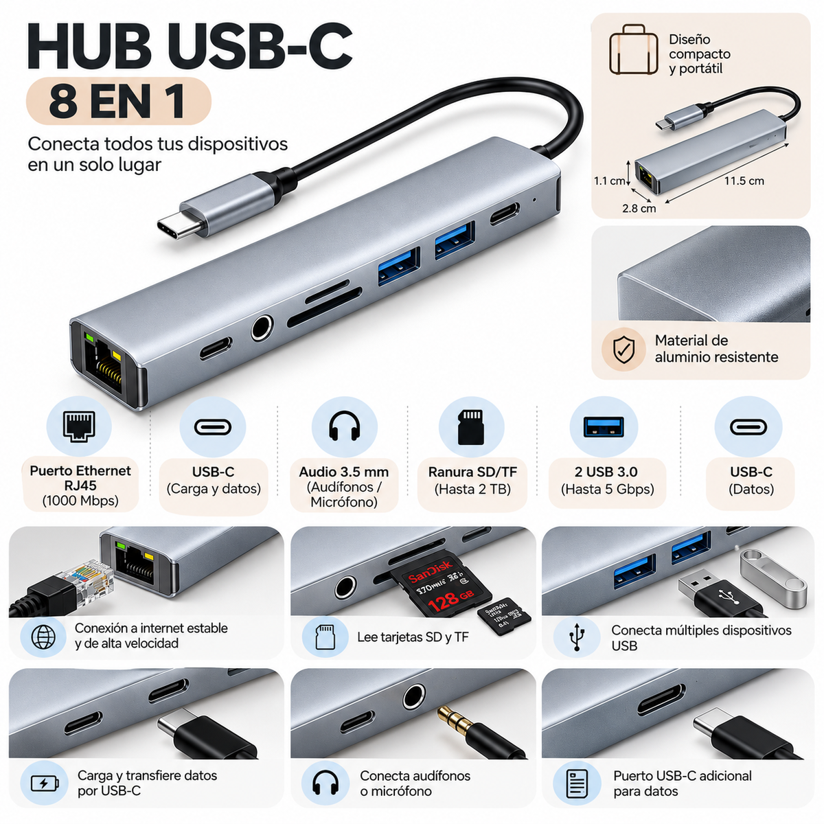 Adaptador Multipuerto 9 En 1 Usb Y Tipo C Con Ethernet Rj45, Sd/tf, Jack