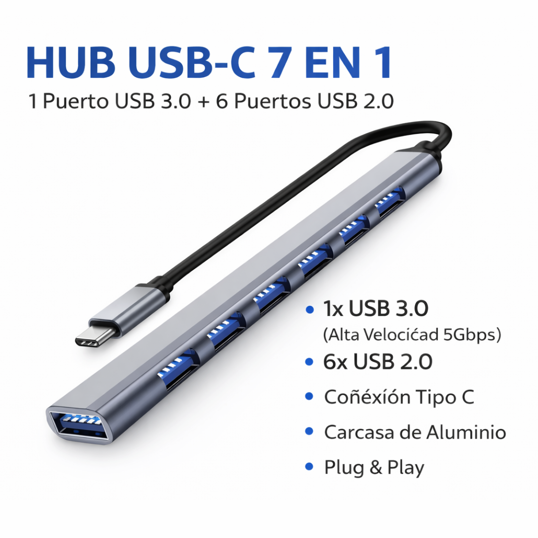Multipuerto Usb De 7 Puertos Con Conexión Tipo C